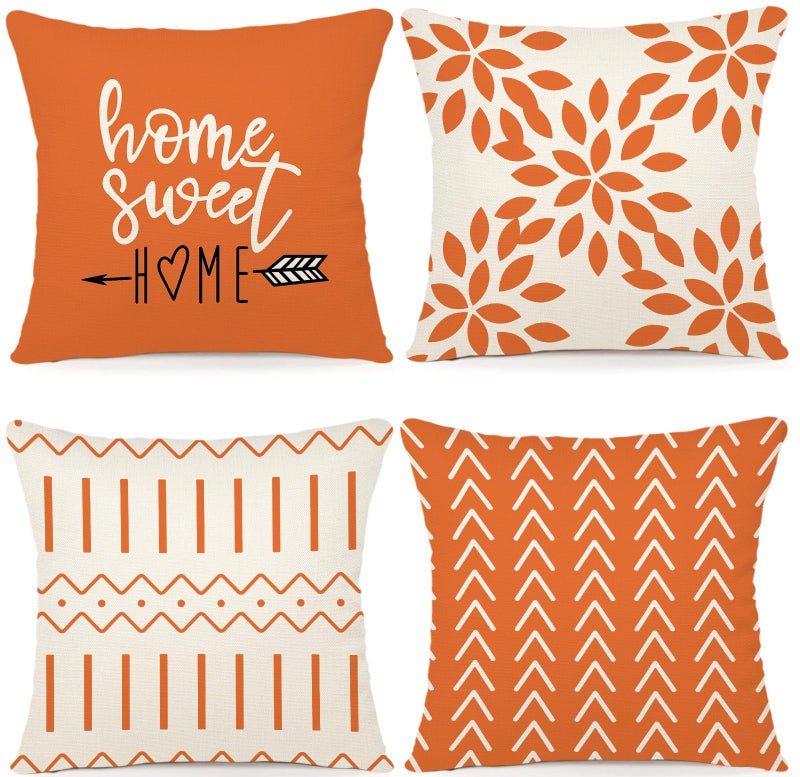 YCOLL Fall Pillow Covers 18x18 Set of 4, Modern Sofa Throw Pillow Cover for Fall Decor, Decorative Outdoor Linen Fabric Pillow Case for Couch Bed Car, Orange - Image 1